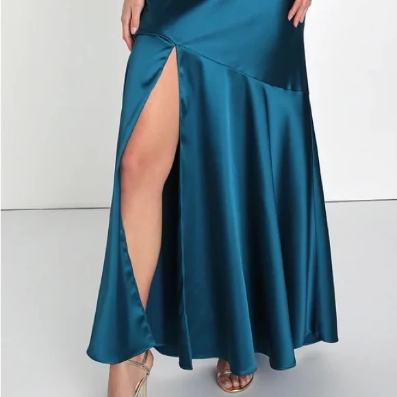 Lulu’s Enchanting Aesthetic Teal Satin Asymmetrical Unique Modern Maxi Dress M - Picture 6 of 10